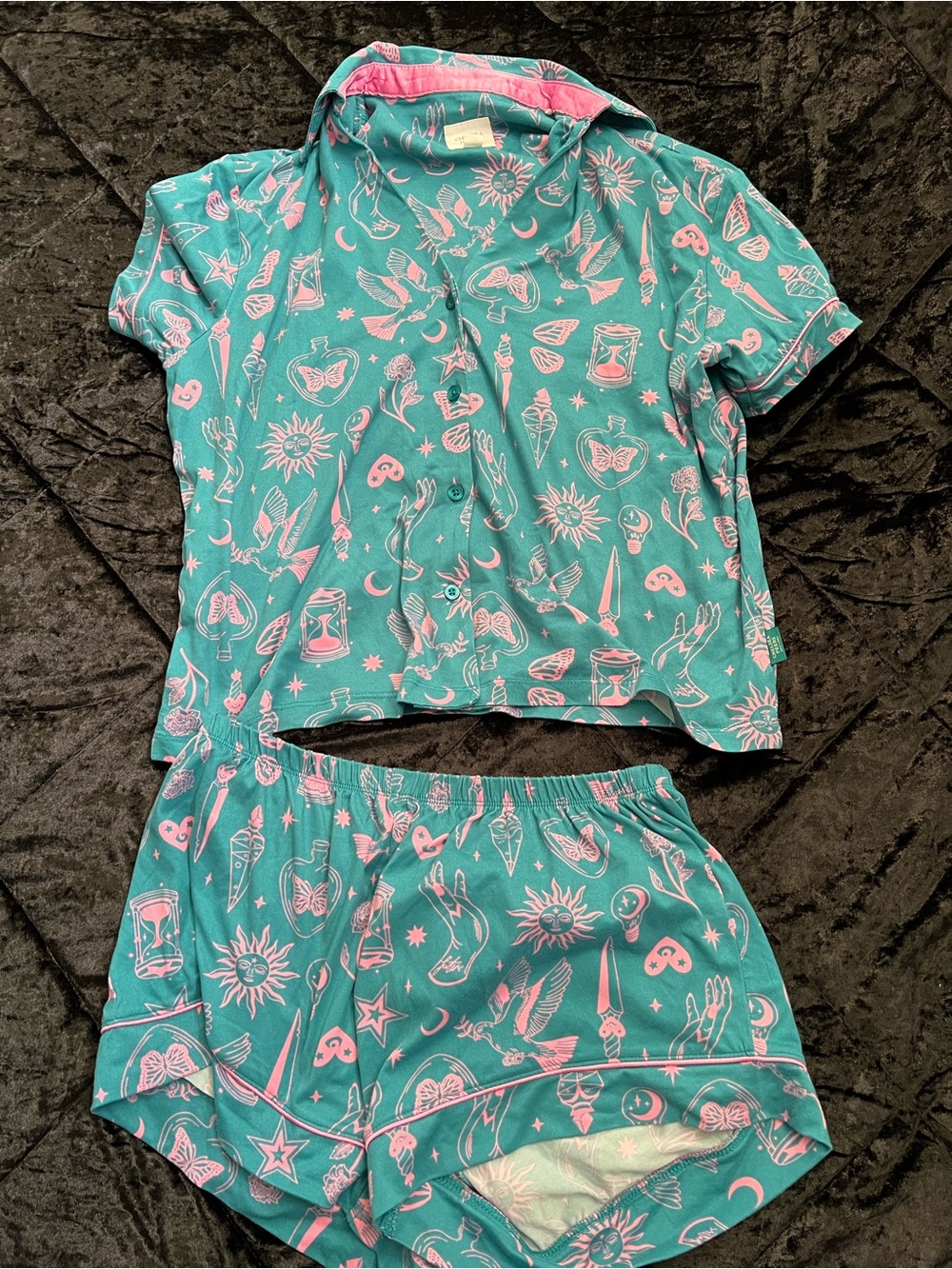 Women’s Teal and Pink Short Pajama Set - Cute Celestial Print
